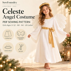 May include: A white angel costume PDF sewing pattern by SewFoundry for girls ages 3-12. The costume features a long-sleeved white dress with a gold waistband, a gold halo, and white wings. The pattern includes A0, A4, and US Letter formats.