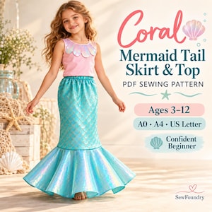 Patrón de costura para falda y top de cola de sirena color coral (PDF, edades de 3 a 12 años)