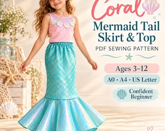 Può includere: Un cartamodello PDF per un set gonna e top a coda di sirena color corallo, con un top rosa senza maniche con scollo smerlato iridescente e una gonna a sirena turchese con motivo a scaglie. Testo: Ages 3-12, A0, A4, US Letter, Confident Beginner.