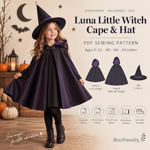 May include: A PDF sewing pattern for a Luna Little Witch Cape & Hat, featuring a black and purple hooded cape and a matching pointed hat. The pattern includes instructions for knee and mid-calf lengths, sizes for ages 3-12, and formats for A0, A4, and US Letter.