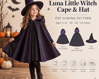 Può includere: Un cartamodello PDF per un mantello e cappello da piccola strega Luna, con un mantello nero e viola con cappuccio e un cappello a punta abbinato. Il modello include istruzioni per lunghezze al ginocchio e a metà polpaccio, età 3-12, A0, A4.