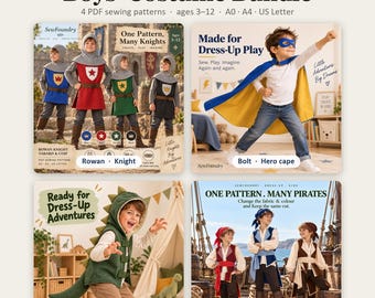 Może przedstawiać: Cyfrowy zestaw wykrojów krawieckich o nazwie Boys' Costume Bundle od SewFoundry, zawierający cztery wzory PDF dla dzieci w wieku 3-12 lat. Obraz przedstawia tabardy rycerskie, pelerynę bohatera, kamizelkę dinozaura oraz stroje piratów z tekstem.