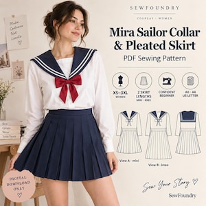 Pode incluir: Um molde de costura em PDF para um colarinho de marinheiro Mira e saia plissada. O design apresenta uma camisa branca de manga comprida com colarinho de marinheiro azul-marinho e um laço vermelho, com uma saia plissada azul-marinho. Ícones incluídos.