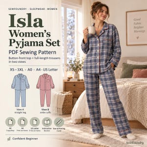 Puede incluir: Un patrón de costura en PDF para un conjunto de pijama con botones llamado Isla. El conjunto incluye una parte superior de manga larga y pantalones largos en tela de cuadros azul y blanco con ribete rojo. Tallas XS-3XL para A0, A4 y US Letter.