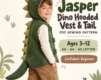 Può includere: Un gilet con cappuccio verde scuro con coda e punte da dinosauro, con il testo Jasper Dino Hooded Vest & Tail PDF Sewing Pattern, Ages 3-12, A0, A4, US Letter, Confident Beginner e il logo SewFoundry.