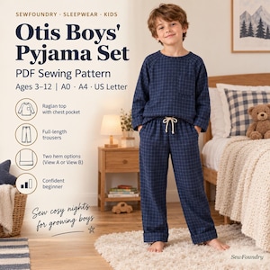 May include: A navy blue pyjama set with a white grid pattern, featuring a long-sleeve raglan top with a chest pocket and full-length trousers with a drawstring waist. The text reads: SewFoundry, Otis Boys' Pyjama Set, PDF Sewing Pattern, Ages 3-12.