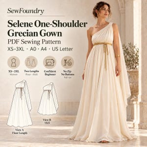 Selene One-Shoulder Grecian Gown Sewing Pattern, Pull-On Dress (PDF)