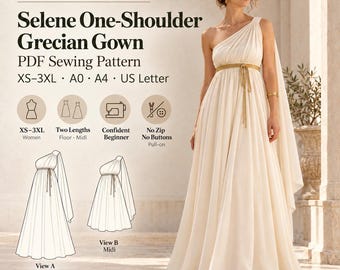 Selene One-Shoulder Grecian Gown Sewing Pattern, Pull-On Dress (PDF)