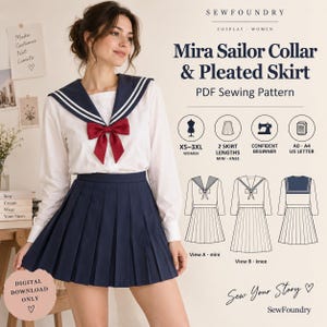 Peut inclure: Un patron de couture PDF pour un haut à col marin Mira et une jupe plissée. L'image présente une chemise blanche à manches longues avec un col marin bleu marine et un nœud rouge, associée à une jupe plissée bleu marine et des croquis techniques.