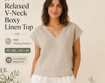 Può includere: Un top in lino beige con scollo a V e vestibilità squadrata. Il testo sull'immagine recita: Women's Relaxed V-Neck Boxy Linen Top, PDF Sewing Pattern, XS-2XL | A0 + A4, Confident Beginner e SewFoundry. Il top presenta una cucitura centrale.