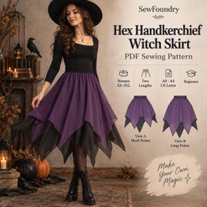 Könnte beinhalten: Ein digitales PDF-Schnittmuster für einen Hex Handkerchief Witch Skirt von SewFoundry. Das Bild zeigt ein langärmeliges schwarzes Oberteil und einen mehrlagigen violett-schwarzen Rock mit Zipfelsaum sowie technische Skizzen für zwei Längen.