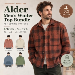 Könnte beinhalten: Ein digitales PDF-Schnittmuster für ein Alder Winter-Oberteil-Set, bestehend aus vier Modellen: Overshirt, Rundhalsausschnitt, Kapuzenoberteil und Stehkragen. Das Schnittmuster umfasst die Größen S bis 3XL in A0, A4 und US Letter Formaten.