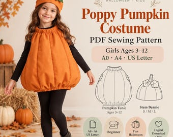 Può includere: Un cartamodello PDF per un costume da zucca, che include una tunica a forma di zucca e un berretto con gambo. Il modello è per bambini dai 3 ai 12 anni e include i formati A0, A4 e US Letter. Design con tunica arancione arrotondata e berretto.