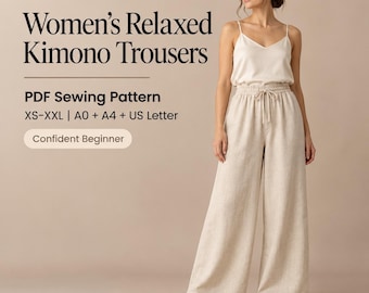 Può includere: Un cartamodello PDF per pantaloni kimono rilassati di SewFoundry, disponibile nelle taglie XS-XXL per formati A0, A4 e US Letter. I pantaloni sono beige, a gamba larga, con vita elasticizzata e un cordoncino regolabile.