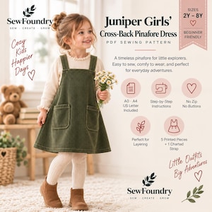 Pode incluir: Um molde de costura em PDF para um vestido tipo jardineira com costas cruzadas Juniper Girls' nos tamanhos 2Y-8Y. A imagem mostra uma criança vestindo um vestido de veludo cotelê verde-oliva escuro com dois bolsos frontais sobre uma camisa.