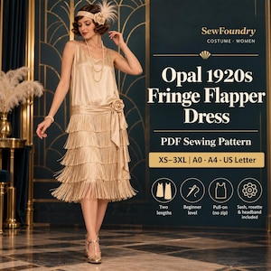 Op de afbeelding: Een PDF-naaipatroon voor een Opal 1920s fringe flapper jurk van SewFoundry. Het patroon bevat maten XS-3XL, A0, A4 en US Letter formaten. Kenmerken zijn twee lengtes, beginnersniveau, pull-on ontwerp, en een sjerp, rozet en hoofdband inbegrepen.
