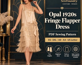 Può includere: Un cartamodello PDF per un abito a frange stile anni '20 Opal di SewFoundry. Il modello include taglie XS-3XL, formati A0, A4 e US Letter. Include due lunghezze, livello principiante, design senza zip, fascia, rosetta e fascia per capelli.