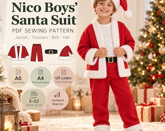 Può includere: Un cartamodello PDF per un costume da Babbo Natale intitolato Nico Boys' Santa Suit di SewFoundry. Il modello include giacca, pantaloni, cintura e cappello, con opzioni di stampa A0, A4 e US Letter per le taglie 3-12. Un bambino indossa il costume rosso e bianco.