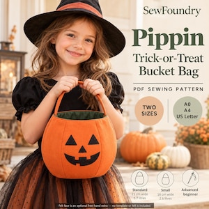 May include: A PDF sewing pattern for the Pippin Trick-or-Treat Bucket Bag, featuring an orange pumpkin-shaped bucket with a black felt jack-o'-lantern face. Includes two sizes: standard at 21 cm wide and 5.7 litres, and small at 16 cm wide and 2.6 litres.