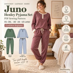 以下が含まれることがあります： Juno Henley Pyjama SetのPDF型紙。ボタン付きのヘンリーネック長袖トップスとパンツのセット。XSから3XLまでのサイズ展開で、ジョガーパンツまたはストレートレッグのスタイルを選択可能。A0、A4、USレターの各フォーマットに対応。
