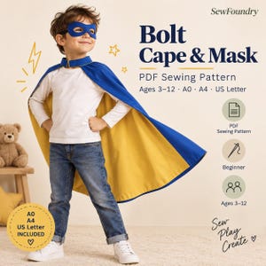 May include: A PDF sewing pattern for a Bolt Cape & Mask, featuring a blue and yellow cape and a blue mask. The text includes SewFoundry, Bolt Cape & Mask, PDF Sewing Pattern, Ages 3-12, A0, A4, US Letter, Beginner, and Sew Play Create.