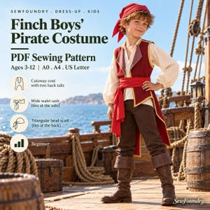 Boys' Pirate Costume Sewing Pattern, Ages 3-12, Halloween Dress-Up (PDF)