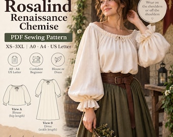 Può includere: Un cartamodello PDF per la camicia rinascimentale Rosalind di SewFoundry. Il modello include le taglie XS-3XL nei formati A0, A4 e US Letter. Presenta una camicetta color crema con spalle scoperte e maniche lunghe con volant.