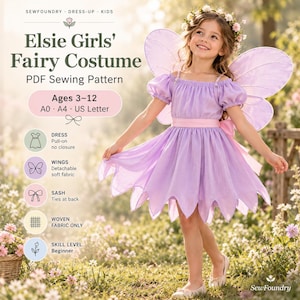 Puede incluir: Un patrón de costura en PDF para el disfraz de hada Elsie Girls, edades 3-12, incluyendo formatos A0, A4 y US Letter. El patrón incluye un vestido sin cierres, alas de tela suave desmontables y una faja que se ata en la parte posterior.