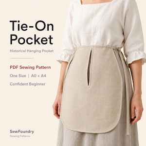 Könnte beinhalten: Eine beige Bindetasche, die über einem Rock getragen wird und eine mittige vertikale Schlitzöffnung aufweist. Der Text auf dem Bild lautet: Tie-On Pocket, Historical Hanging Pocket, PDF Sewing Pattern, One Size | A0 + A4, Confident Beginner, SewFoundry Sewing Patterns.