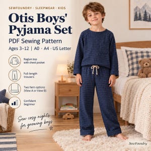 Patrón de costura para conjunto de pijama para niño Otis, camiseta raglán y pantalón (de 3 a 12 años)