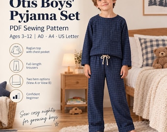 Può includere: Un set di pigiama blu navy con motivo a griglia bianca, composto da una maglia a maniche lunghe raglan con taschino sul petto e pantaloni lunghi con coulisse. Il testo recita: SEWFOUNDRY SLEEPWEAR KIDS Otis Boys' Pyjama Set PDF Sewing Pattern.