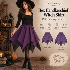 Hex Handkerchief Witch Skirt Sewing Pattern, Beginner Halloween Costume (PDF)