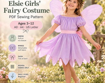 Può includere: Un cartamodello PDF per il costume da fata Elsie Girls, età 3-12. Il modello include istruzioni per un abito color lavanda dal design semplice, ali in tessuto morbido staccabili e una fascia da annodare sul retro, per tessuto intrecciato.