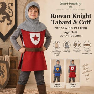 May include: A PDF sewing pattern for a Rowan Knight tabard and coif, featuring a red tabard with a white shield and red star emblem, a grey knit coif, and a brown belt. The pattern includes instructions for two lengths, ages 3-12, and A0, A4, or US Letter formats.