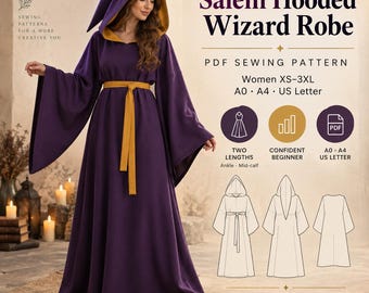 Może przedstawiać: Fioletowa szata czarodzieja z kapturem, złotą podszewką i pasującym paskiem. Tekst głosi: SewFoundry, Salem Hooded Wizard Robe, PDF SEWING PATTERN, Women XS-3XL, A0, A4, US Letter, TWO LENGTHS, CONFIDENT BEGINNER, A0, A4, US Letter.