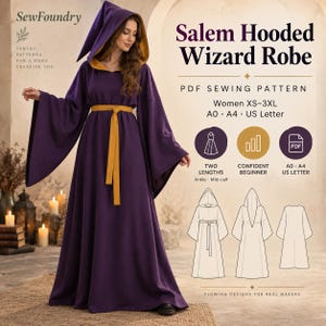 Salem Hooded Wizard Robe Sewing Pattern, Bell Sleeves, Women XS-3XL (PDF)