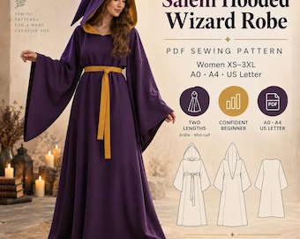 Może przedstawiać: Fioletowa szata czarodzieja z kapturem, złotą podszewką i pasującym paskiem. Tekst głosi: SewFoundry, Salem Hooded Wizard Robe, PDF Sewing Pattern, Women XS-3XL, A0, A4, US Letter, Two Lengths, Confident Beginner, Flowing Designs for Real Makers.