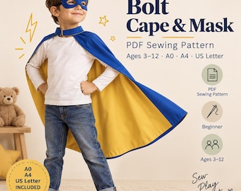 Può includere: Un mantello da supereroe blu e giallo con una maschera blu abbinata. Il testo recita Bolt Cape & Mask, PDF Sewing Pattern, Ages 3-12, A0, A4, US Letter, SewFoundry e Sew Play Create. Il design è per un progetto di cucito per principianti.