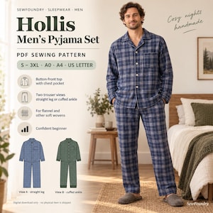 Puede incluir: Un patrón de costura en PDF para un conjunto de pijama Hollis, que incluye una parte superior con botones y bolsillo en el pecho, y pantalones con opciones de pierna recta o tobillo ajustado. Disponible en tallas S-3XL para A0, A4 y US letter.