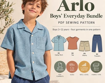 以下が含まれることがあります： Arlo Boys' Everyday Bundle PDF型紙、3〜12歳用。青いキャンプシャツ、錆色のTシャツ、ベージュのショートパンツ、青いズボンの4点セット。A0、A4、USレターサイズ対応、初心者向け。