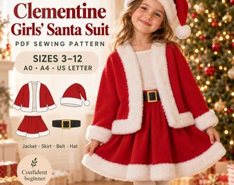 May include: A PDF sewing pattern for a Clementine Santa suit in sizes 3-12, including A0, A4, and US Letter formats. The pattern features a red jacket with white faux fur trim, a matching skirt, a black belt with a gold buckle, and a Santa hat.