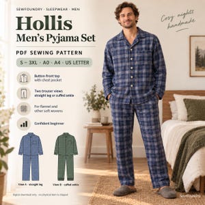 Può includere: Un set di pigiama a quadri blu e bianchi composto da una parte superiore con bottoni e taschino sul petto e pantaloni abbinati. Il cartamodello PDF è disponibile nelle taglie S-3XL e offre due varianti di pantaloni: gamba dritta o con polsino.