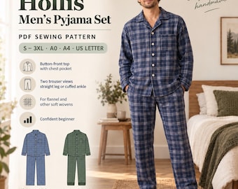 Può includere: Un cartamodello PDF per un set pigiama Hollis, con top abbottonato con taschino sul petto e pantaloni con gamba dritta o caviglia con polsino. Include taglie S-3XL, formati A0, A4 e US Letter per tessuti in flanella.