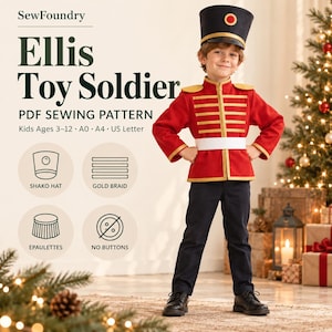 May include: A PDF sewing pattern for a toy soldier costume featuring a red jacket with gold braid, a white belt, dark trousers, and a black shako hat. The text reads SewFoundry, Ellis Toy Soldier, PDF SEWING PATTERN, Kids Ages 3-12, A0, A4, US Letter.