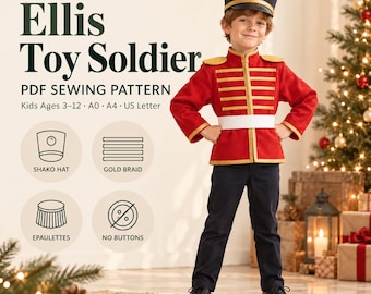 Può includere: Un cartamodello PDF per un costume da soldatino giocattolo con giacca rossa con passamaneria dorata, cintura bianca, pantaloni scuri e un cappello shako nero. Il testo riporta SewFoundry, Ellis Toy Soldier, PDF SEWING PATTERN, Kids Ages 3-12.