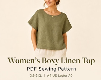 Wzór na bluzkę typu boxy w formacie PDF, szycie damskiej bluzki lnianej o luźnym kroju XS-3XL