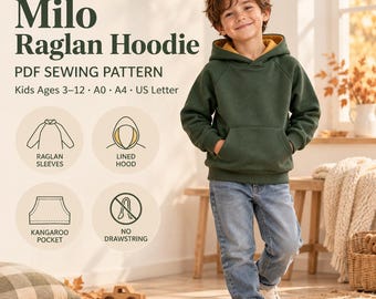 Może przedstawiać: Ciemnozielona bluza z kapturem z musztardową podszewką, rękawami raglanowymi i kieszenią typu kangur. Tekst głosi SewFoundry Milo Raglan Hoodie PDF SEWING PATTERN Kids Ages 3-12 A0 A4 US Letter wraz z ikonami przedstawiającymi cechy.