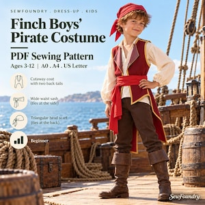 Może przedstawiać: Wykrój krawiecki w formacie PDF dla kostiumu pirata o tytule Finch Boys' Pirate Costume. Wzór zawiera płaszcz z dwoma tylnymi połami, szeroki pas oraz trójkątną chustę na głowę. Projekt jest dla dzieci w wieku 3-12 lat i zawiera formaty A0, A4 oraz US Letter.