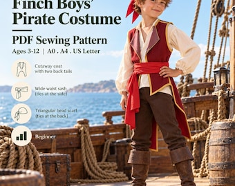 Può includere: Un cartamodello PDF per un costume da pirata intitolato Finch Boys' Pirate Costume. Il modello include una giacca con due code posteriori, un'ampia fascia in vita e una bandana triangolare. Il design è per 3-12 anni e include formati A0, A4 e US Letter.