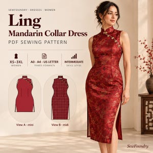 Patrón de costura para vestido Ling con cuello mandarín, estilo Qipao ajustado con abertura lateral (PDF)